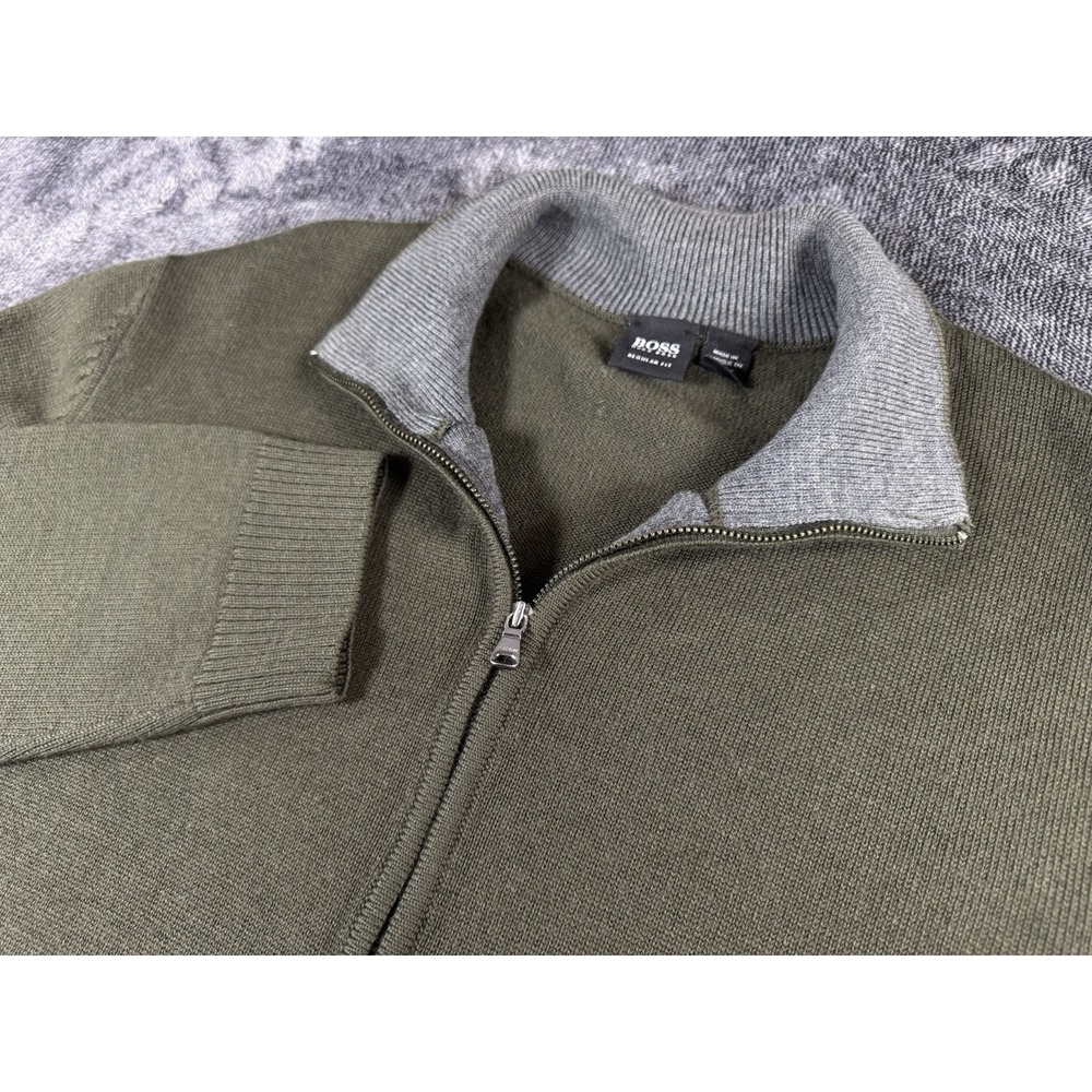 Hugo Boss‎ Sweater Men's XL Olive Green Wool Blend Full Zip Regular Fit Classic